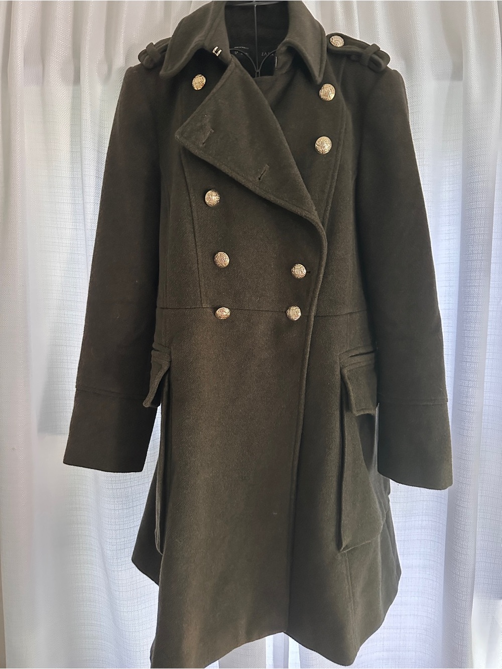 ZARA Double-Breasted Olive Wool Pea Coat - Picture 3 of 12
